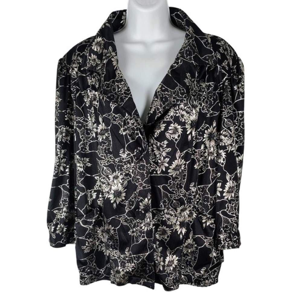 Caren Sport Black Silver Floral‎ Print Button Front Jacket 2X Plus Size Stretch